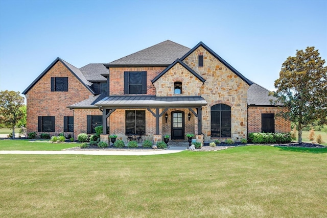 view of front of house with brick siding, a front lawn, and roof with shingles