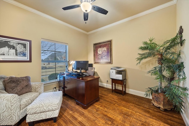 home office with baseboards, crown molding, a ceiling fan, and wood finished floors