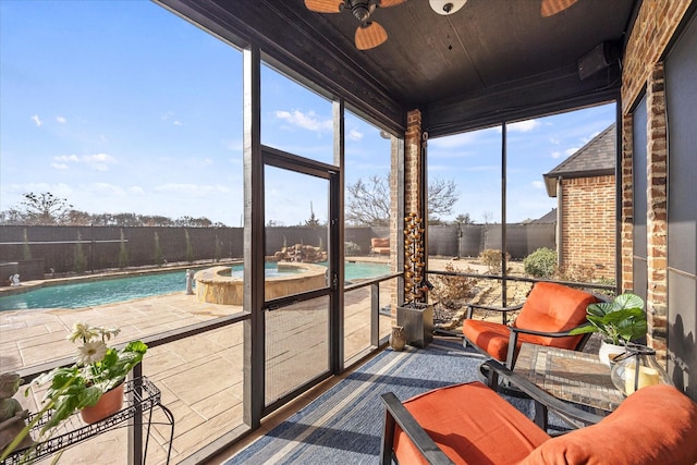 sunroom with wooden ceiling