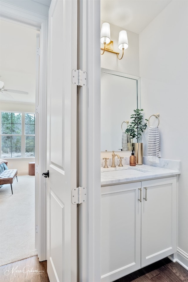 bathroom with vanity, ceiling fan, and wood finished floors