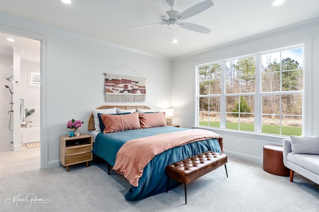 carpeted bedroom featuring recessed lighting, crown molding, and multiple windows