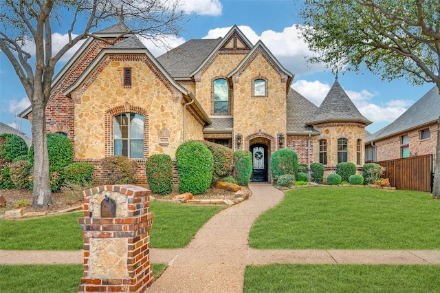 view of front of property with a front lawn, fence, brick siding, and a shingled roof