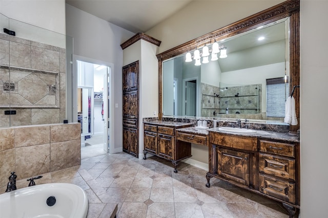 full bath featuring vanity, tiled shower, a spacious closet, a garden tub, and tile patterned floors