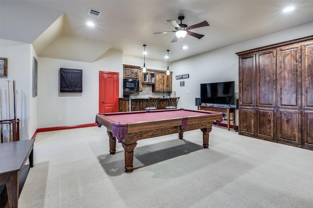 rec room with baseboards, visible vents, ceiling fan, pool table, and light carpet