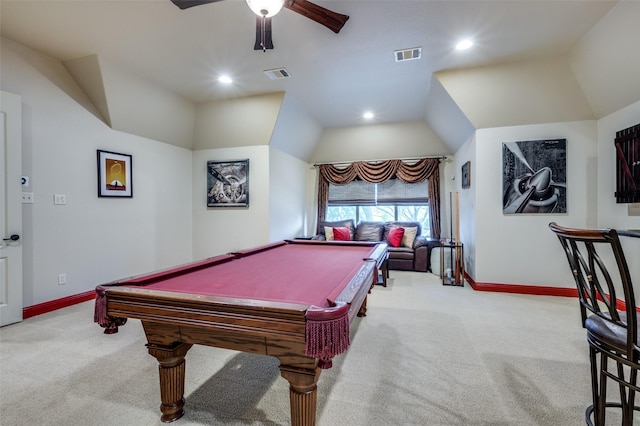 recreation room with visible vents, baseboards, lofted ceiling, and carpet