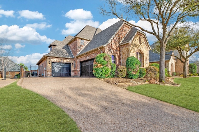 view of front of home with a front yard, a garage, stone siding, aphalt driveway, and brick siding