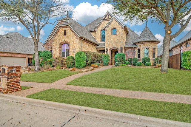 french country style house with brick siding, stone siding, a front lawn, and roof with shingles