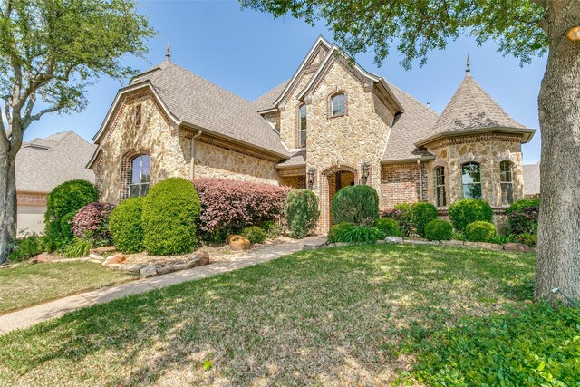 6620 Cedar Grove Dr, North Richland Hills, TX 76182 - french country style house with stone siding, a front yard, and a shingled roof