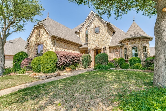 6620 Cedar Grove Dr, North Richland Hills, TX 76182 - french country style house with stone siding, a front lawn, and a shingled roof