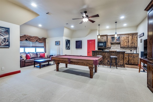 game room featuring recessed lighting, visible vents, light carpet, and billiards