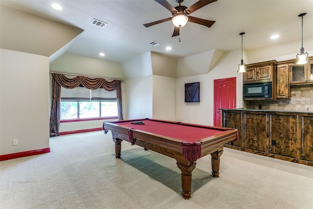 6620 Cedar Grove Dr, North Richland Hills, TX 76182 - rec room with ceiling fan, light colored carpet, baseboards, visible vents, and recessed lighting