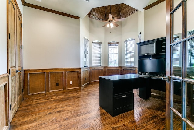 6620 Cedar Grove Dr, North Richland Hills, TX 76182 - office space with wood finished floors, a healthy amount of sunlight, a ceiling fan, and a wainscoted wall