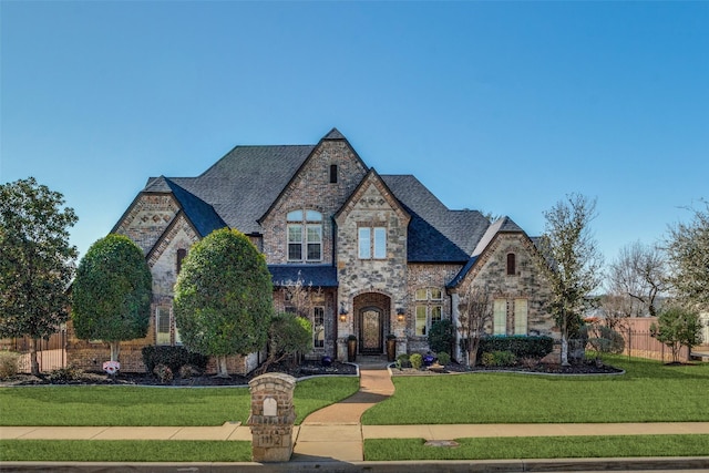 french country home with brick siding, a shingled roof, a front lawn, and fence