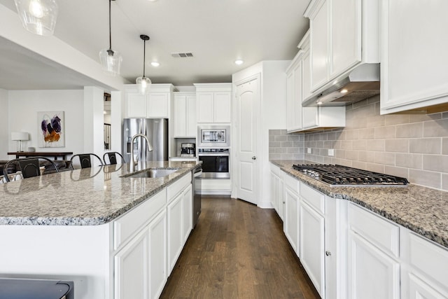 kitchen featuring under cabinet range hood, decorative backsplash, appliances with stainless steel finishes, dark wood-style floors, and a sink