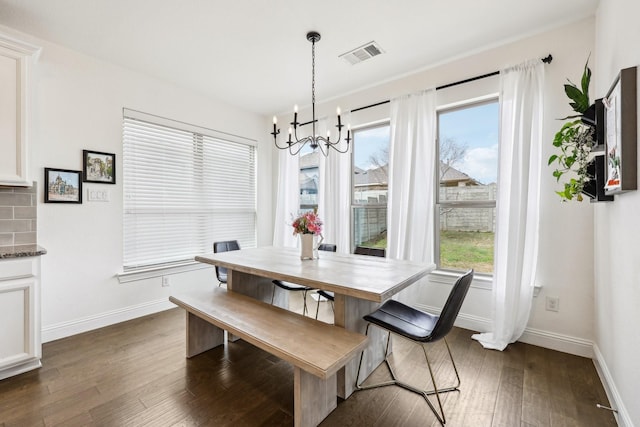 dining area with visible vents, plenty of natural light, dark wood-style floors, and a chandelier