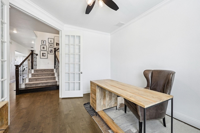 home office with crown molding, baseboards, french doors, a ceiling fan, and dark wood-style flooring