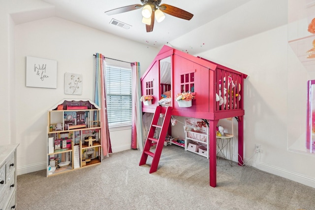 bedroom featuring baseboards, visible vents, lofted ceiling, and carpet floors