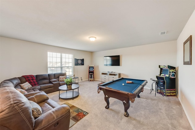 rec room featuring visible vents, baseboards, light colored carpet, and pool table