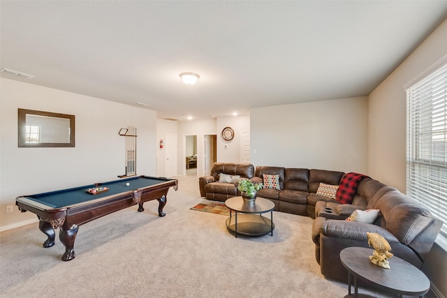 recreation room with pool table, carpet flooring, and visible vents