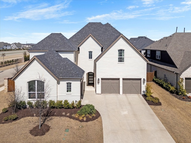 french country inspired facade with brick siding, a shingled roof, fence, concrete driveway, and an attached garage