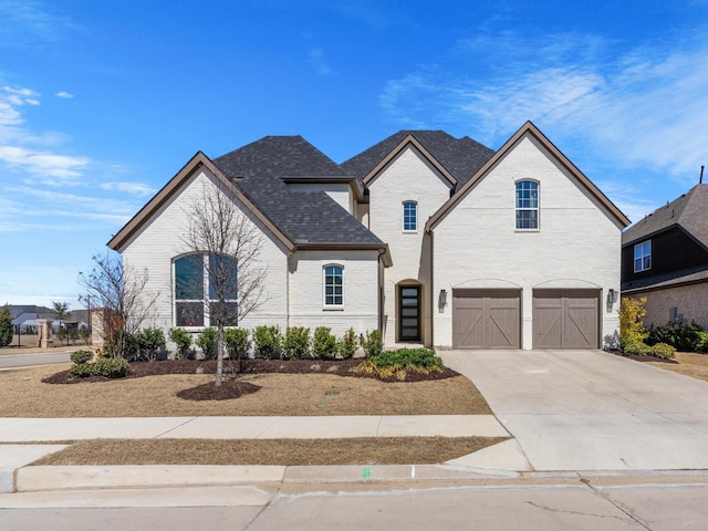 french country inspired facade featuring a garage, brick siding, roof with shingles, and concrete driveway