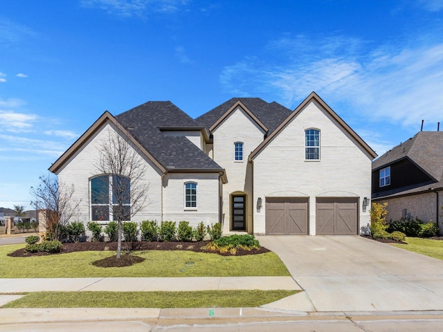 french country inspired facade with a front lawn, brick siding, concrete driveway, and an attached garage