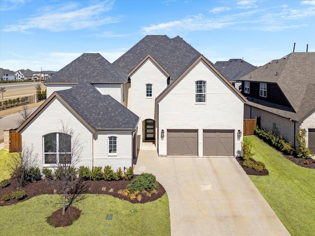 2390 Rainforest Dr, Prosper, TX 75078 - french country home featuring a front yard, concrete driveway, a garage, and brick siding