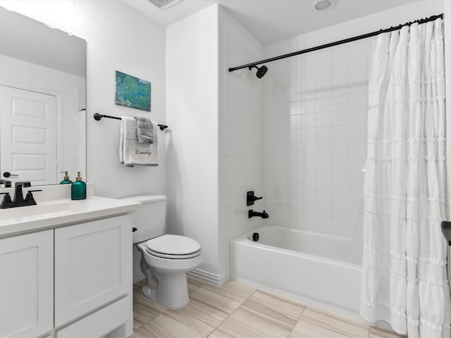 bathroom with vanity, shower / bath combination with curtain, toilet, and visible vents