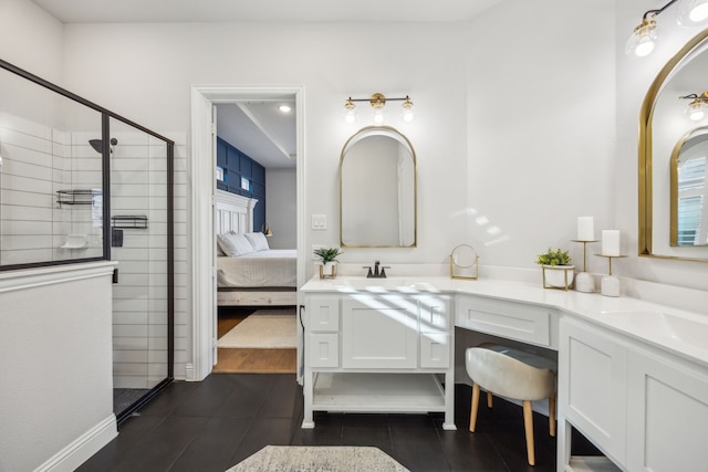 bathroom featuring ensuite bath, a shower stall, double vanity, and tile patterned flooring