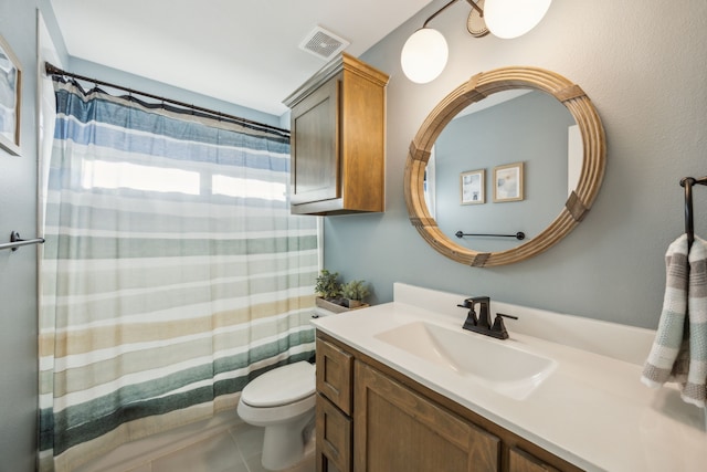 full bathroom featuring visible vents, toilet, a shower with shower curtain, tile patterned flooring, and vanity