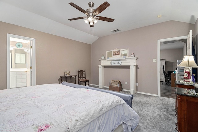 bedroom featuring visible vents, baseboards, lofted ceiling, and carpet floors