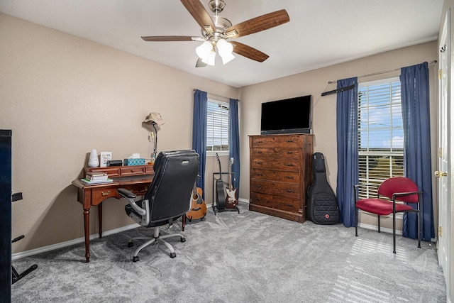 400 Goodnight Trl, Justin, TX 76247 - office with ceiling fan, visible vents, arched walkways, dark wood finished floors, and baseboards