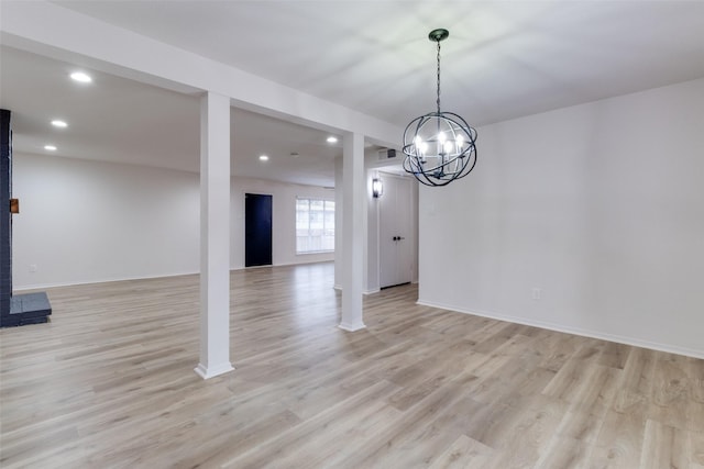 unfurnished dining area featuring visible vents, recessed lighting, light wood-type flooring, and baseboards