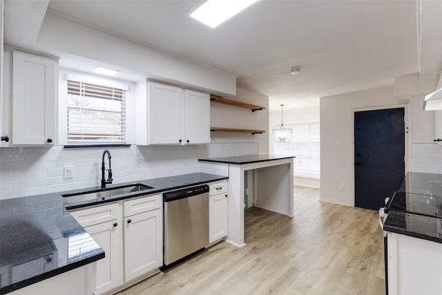 kitchen with a sink, open shelves, white cabinetry, and stainless steel dishwasher