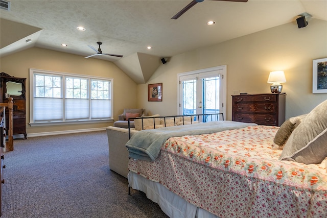 bedroom featuring visible vents, recessed lighting, carpet floors, baseboards, and vaulted ceiling