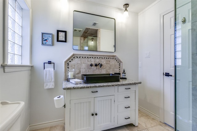 full bathroom featuring tile patterned floors, visible vents, a shower stall, decorative backsplash, and vanity