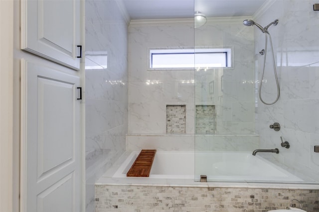 full bath featuring crown molding and tiled shower / bath