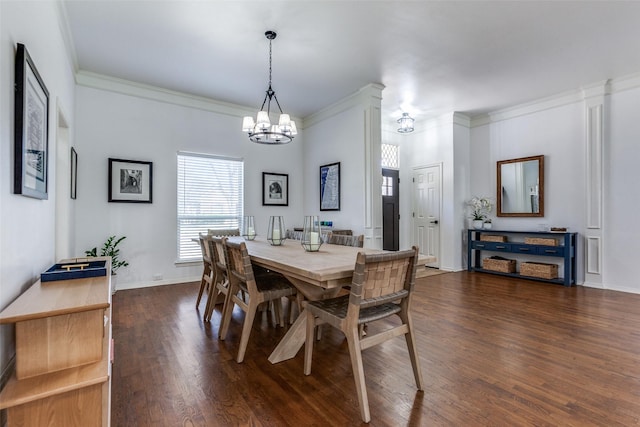 dining room with baseboards, a notable chandelier, dark wood-style floors, and ornamental molding