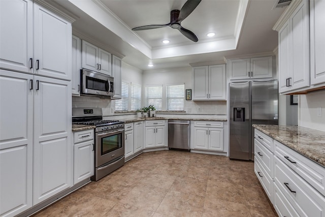 kitchen featuring crown molding, stainless steel appliances, a raised ceiling, and a ceiling fan