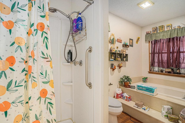 bathroom with a shower with curtain, wood finished floors, a bath, a textured ceiling, and toilet