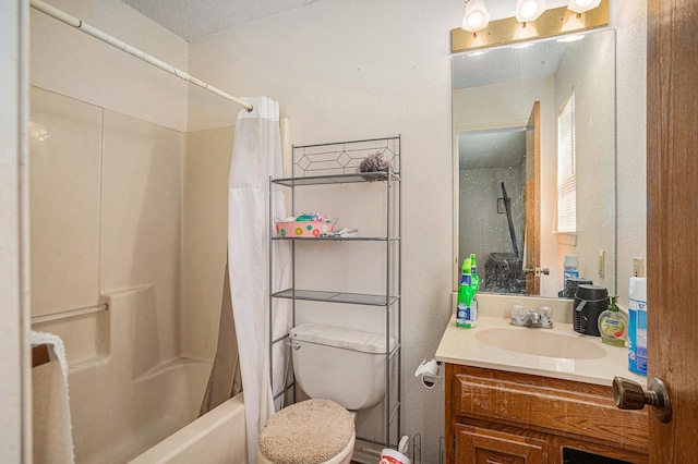 full bath featuring toilet, shower / tub combo with curtain, vanity, and a textured ceiling