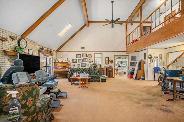 carpeted living room featuring beamed ceiling, high vaulted ceiling, visible vents, and a ceiling fan