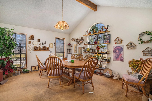 carpeted dining space with beamed ceiling, high vaulted ceiling, a chandelier, and a textured ceiling