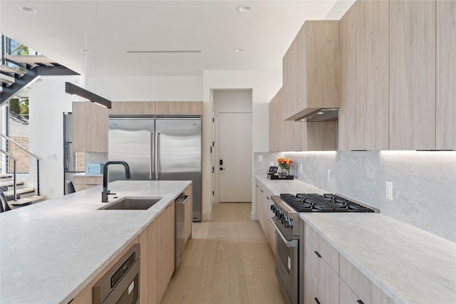 kitchen with light brown cabinets, modern cabinets, and high end appliances