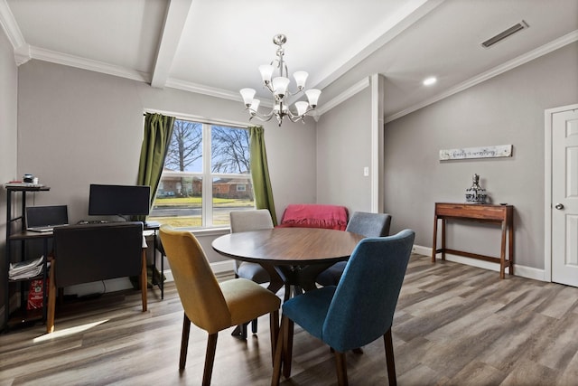 dining space with visible vents, baseboards, beam ceiling, light wood-style floors, and crown molding