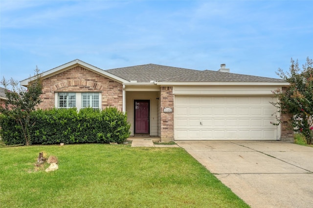 ranch-style home featuring brick siding, concrete driveway, a front yard, roof with shingles, and an attached garage