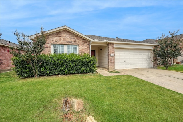 single story home with driveway, a front yard, a shingled roof, a garage, and brick siding