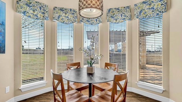 dining space with a healthy amount of sunlight, dark wood-style flooring, and baseboards