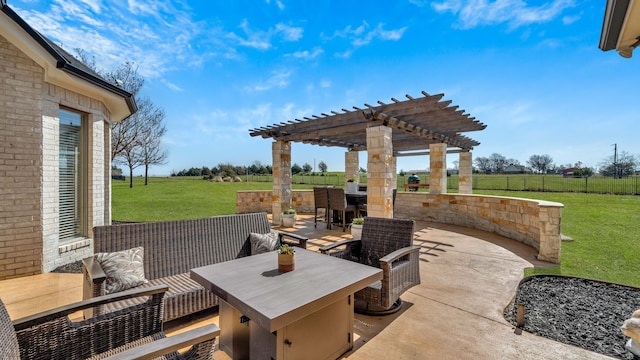 view of patio with a rural view, an outdoor hangout area, a pergola, and fence