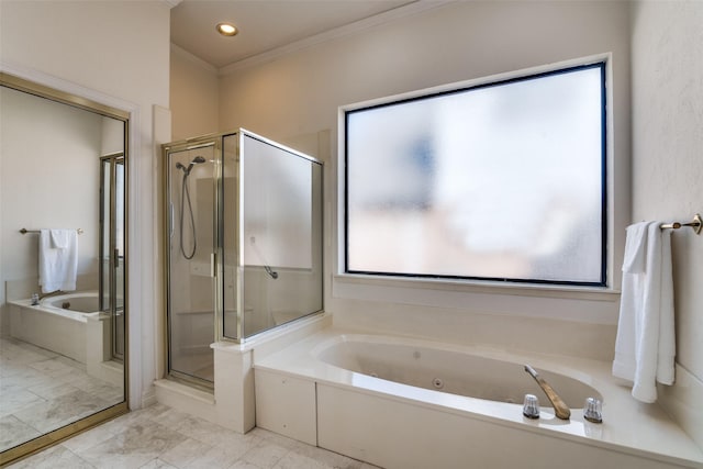 bathroom with recessed lighting, a stall shower, ornamental molding, a jetted tub, and marble finish floor